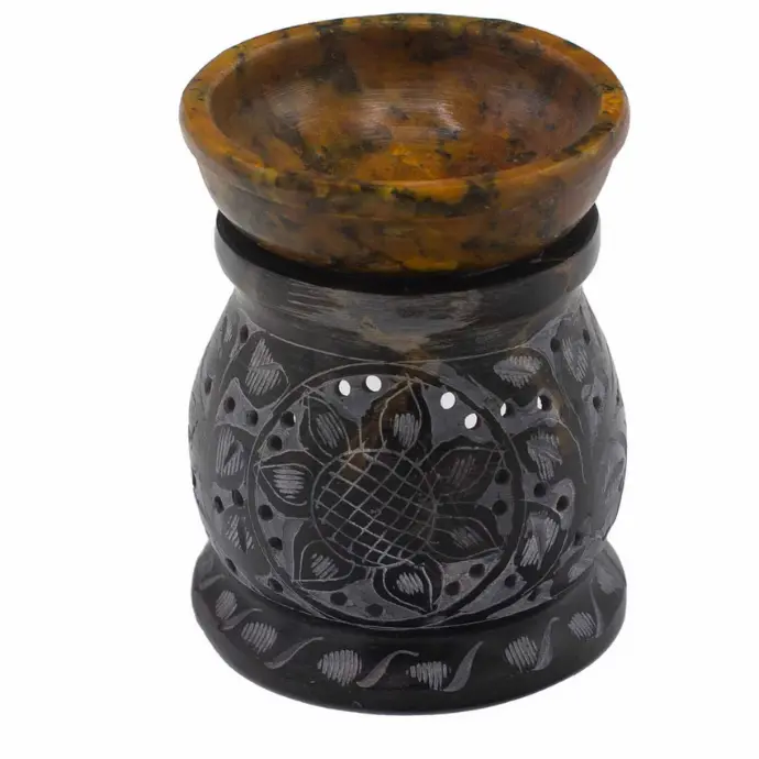 Soapstone Oil Burner 10 Cm - Mandala Flower (Black & Yellow)